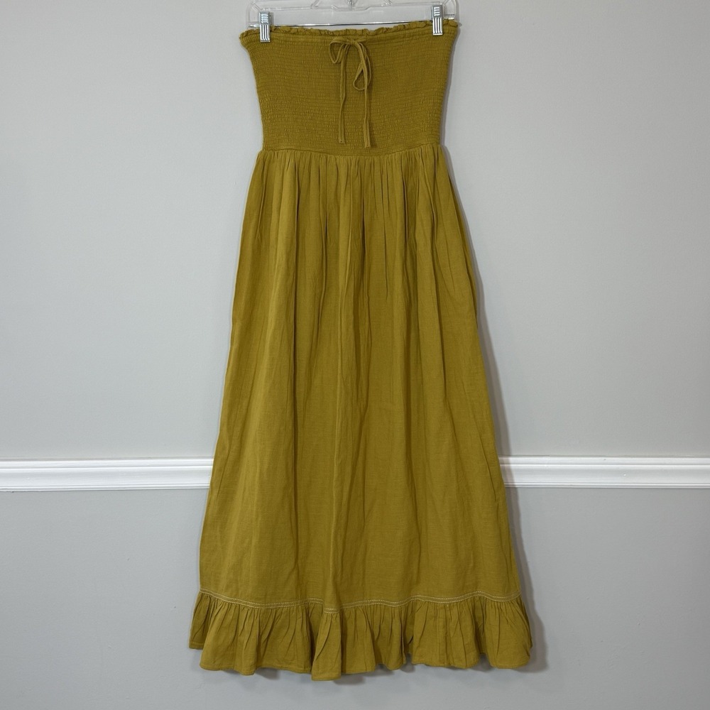 Urban Outfitters Penny Smocked Midi Dress Strapless Yellow Ruffle Cotton Sz M - Picture 4 of 12